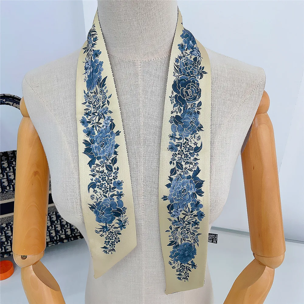 Tarot New Rose Floral Silk Scarf Women Elegant Hair Bandana Shawl Ribbon Tie Bag Decorate Accessories