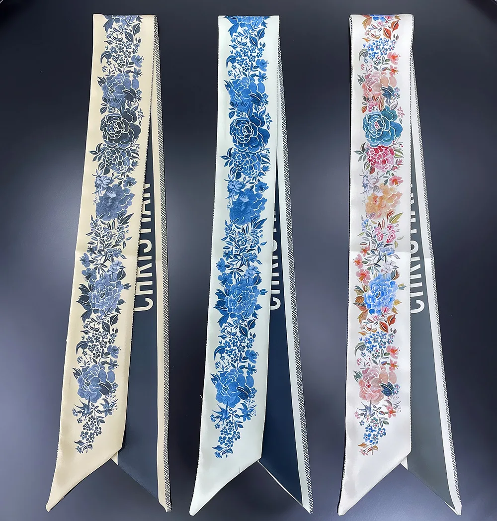 Tarot New Rose Floral Silk Scarf Women Elegant Hair Bandana Shawl Ribbon Tie Bag Decorate Accessories