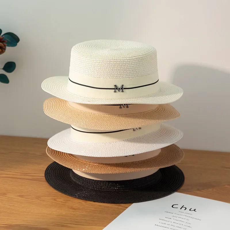 New Letters Embroidered Women Straw Hats Panama Wide Brim Jazz Hat Summer Hat Ladies Sun Hat Simple Flat Top Hat