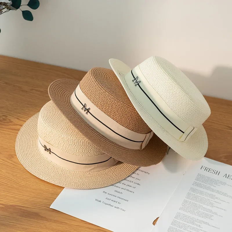 New Letters Embroidered Women Straw Hats Panama Wide Brim Jazz Hat Summer Hat Ladies Sun Hat Simple Flat Top Hat