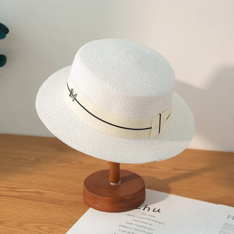 New Letters Embroidered Women Straw Hats Panama Wide Brim Jazz Hat Summer Hat Ladies Sun Hat Simple Flat Top Hat