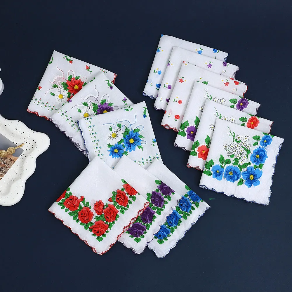 12 Packs of Women's Pure Cotton Printed Handkerchiefs, Pure Cotton Handkerchiefs, Wedding Bride Souvenirs, Flap Pocket Pants Scarf