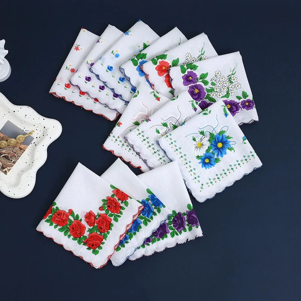 12 Packs of Women's Pure Cotton Printed Handkerchiefs, Pure Cotton Handkerchiefs, Wedding Bride Souvenirs, Flap Pocket Pants Scarf