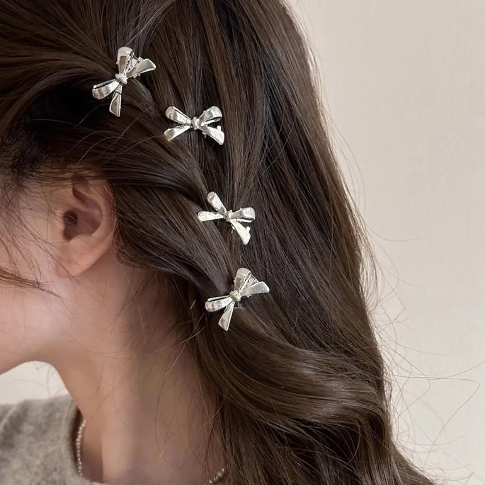 4pcs/Set Golden Silver Color Bow Mini Hairpins for Women Sweet Cool Girl Bangs Barrettes Duckbill Side Clip Hair Accessories