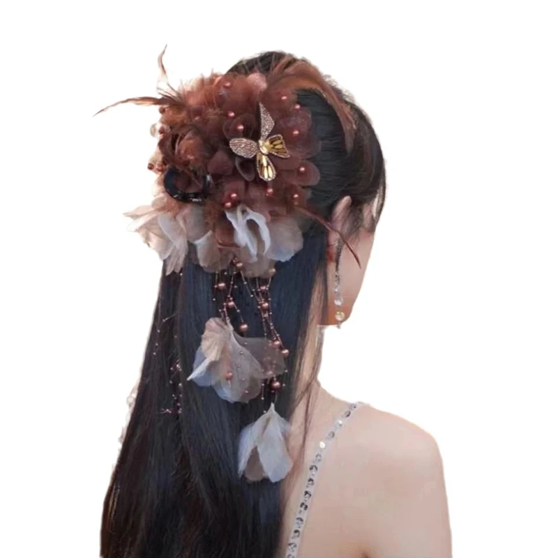 Flower Feather Tassel Hair Claw Women Large High-end Sense Hair Clip Versatile Back Of The Head Hair Accessories