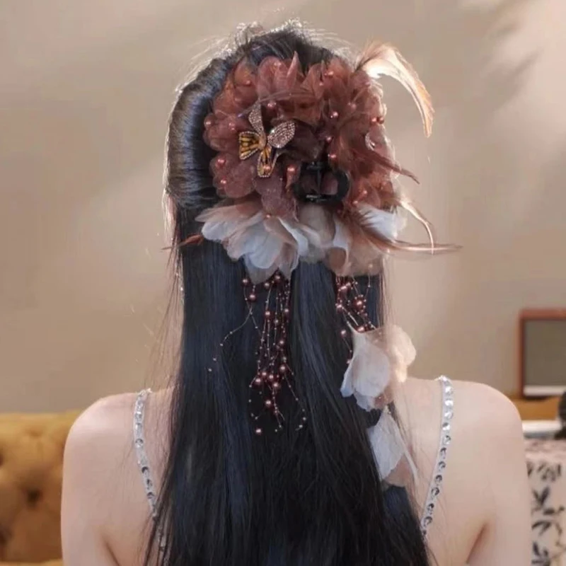 Flower Feather Tassel Hair Claw Women Large High-end Sense Hair Clip Versatile Back Of The Head Hair Accessories