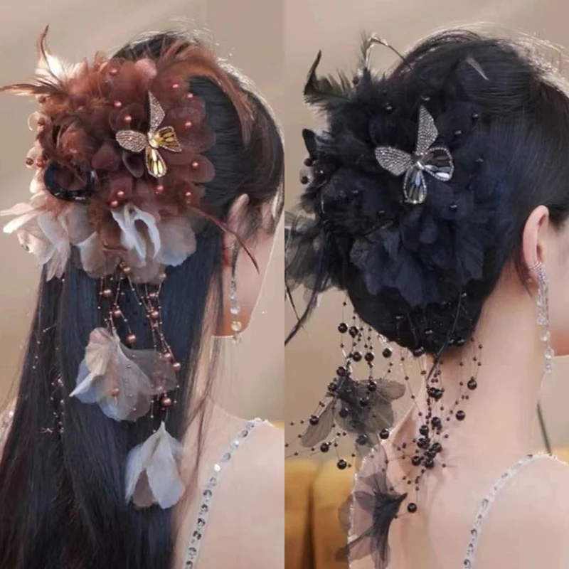 Flower Feather Tassel Hair Claw Women Large High-end Sense Hair Clip Versatile Back Of The Head Hair Accessories