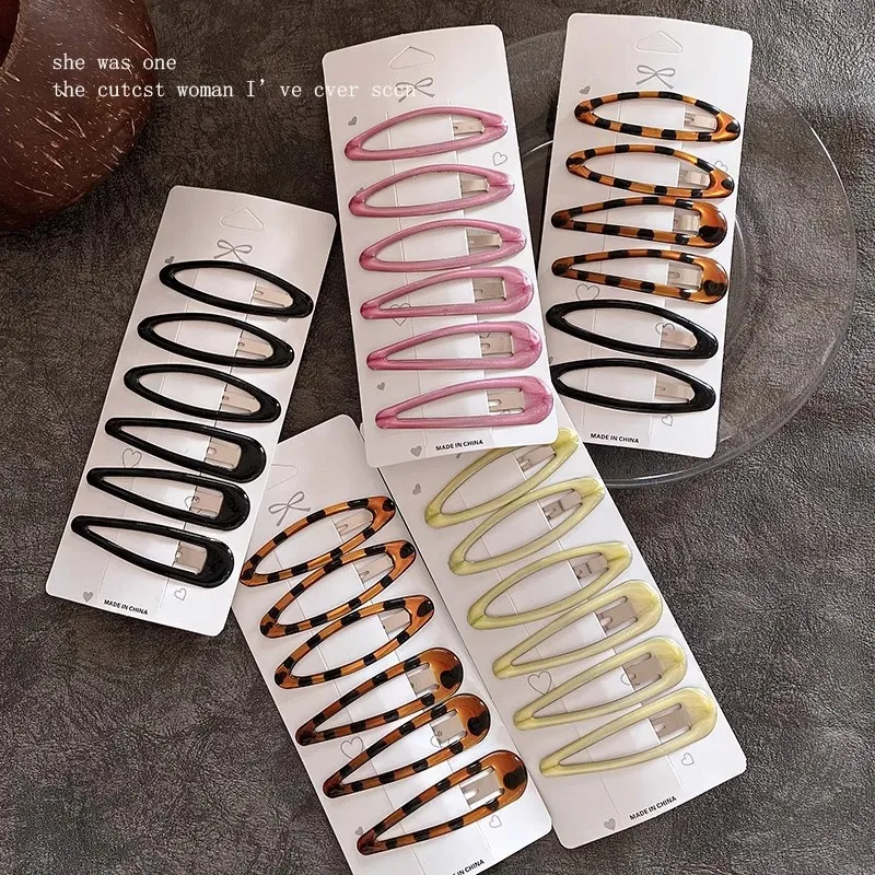 6pcs/pack Geometric Leopard Solid Snap Hairpins Fashion Alloy Bobby Pins Water-drop Oval Hair Clips Headwear For Women Girls