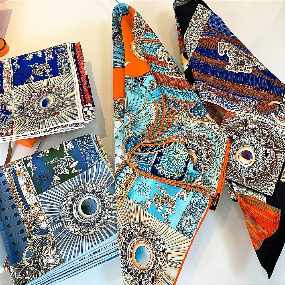 New 90cm Hand-Rolled Hem Palace Armor Battle Queen Twill Scarf Shawl Luxury Decorate Gift Handmade Silk Fashion Accessories