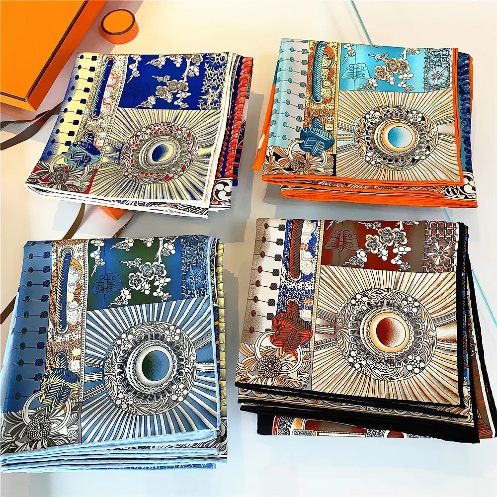 New 90cm Hand-Rolled Hem Palace Armor Battle Queen Twill Scarf Shawl Luxury Decorate Gift Handmade Silk Fashion Accessories