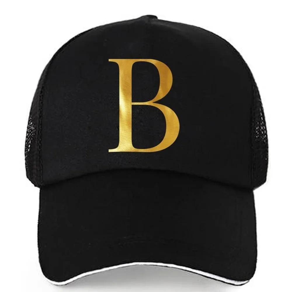 1pc AmaBe Hip-Hop Baseball Cap with Golden Letter Print, Adjustable Hook & Loop Closure, Breathable Mesh Back, Lightweight Stret