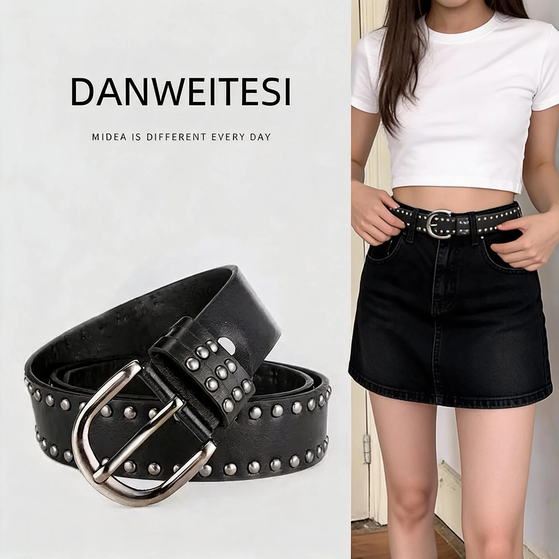 New Women Belt Women's Jeans Tie-in Ladies' Belt Fashion Personality Rivet Belt Senior Black Fashion