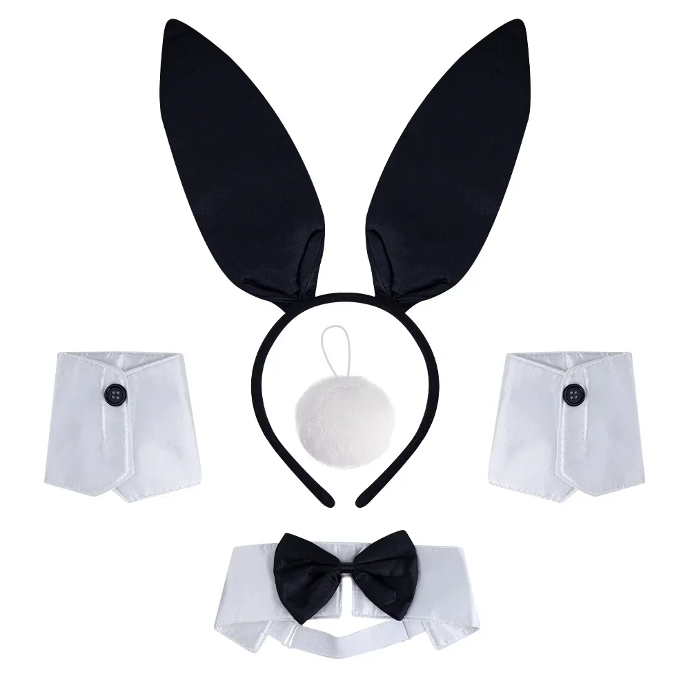 Easter Bunny Costume Set Women's Rabbit Ear Headband Collar Bow Tie Cuffs and Bunny Tail Accessories