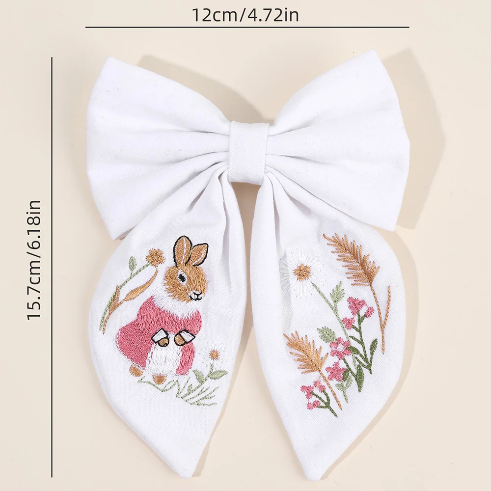 Rabbit Embroidery White Bow Hair Clip Sweet Girls Bunny Bowknot Hairpin Handmade Fabric Kids Cute Headdress Headwear Accessories