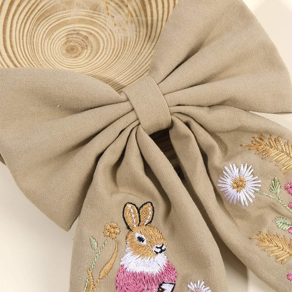 Rabbit Embroidery White Bow Hair Clip Sweet Girls Bunny Bowknot Hairpin Handmade Fabric Kids Cute Headdress Headwear Accessories
