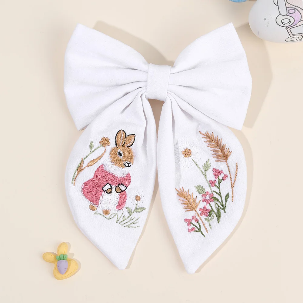 Rabbit Embroidery White Bow Hair Clip Sweet Girls Bunny Bowknot Hairpin Handmade Fabric Kids Cute Headdress Headwear Accessories