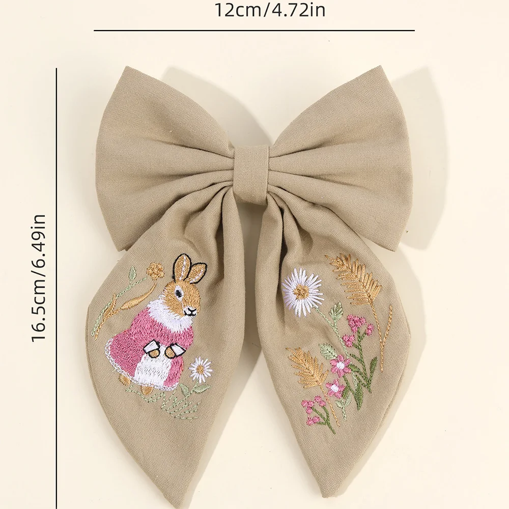 Rabbit Embroidery White Bow Hair Clip Sweet Girls Bunny Bowknot Hairpin Handmade Fabric Kids Cute Headdress Headwear Accessories