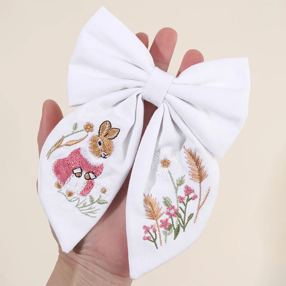 Rabbit Embroidery White Bow Hair Clip Sweet Girls Bunny Bowknot Hairpin Handmade Fabric Kids Cute Headdress Headwear Accessories