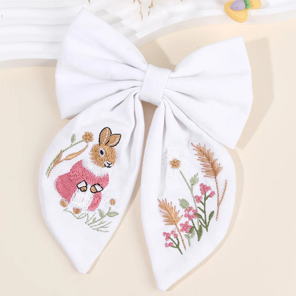 Rabbit Embroidery White Bow Hair Clip Sweet Girls Bunny Bowknot Hairpin Handmade Fabric Kids Cute Headdress Headwear Accessories