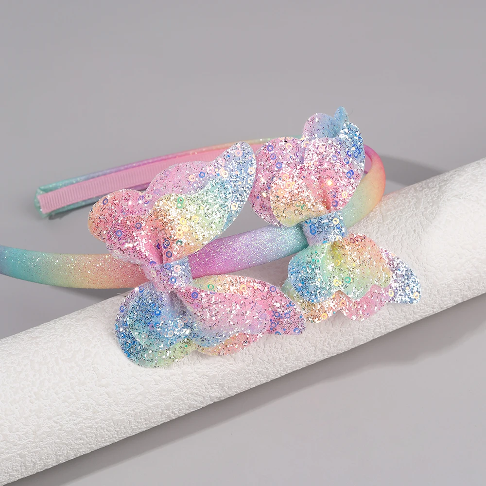 Gradient Butterfly Headband For Girls Sparkling Rainbow Princess Hair Hoop Birthday Party Princess Dress-Up Hair Accessories