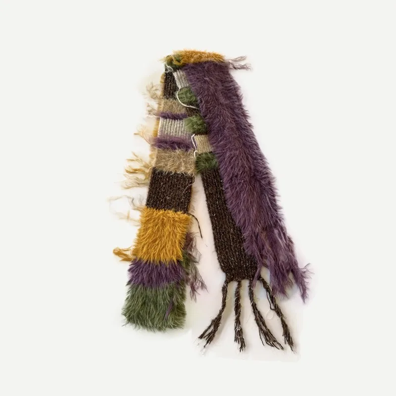 Multi-material Color Blocking Stripe Scarf Decoration Knitted Irregular Tassel Scarves Women Autumn And Winter Soft Scarf
