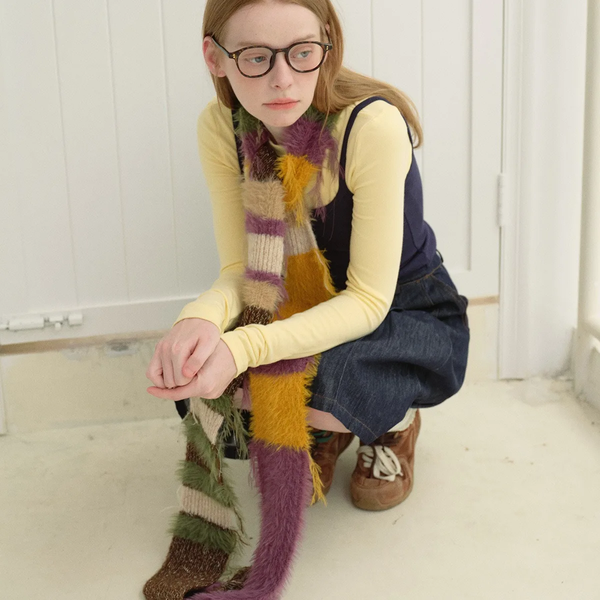 Multi-material Color Blocking Stripe Scarf Decoration Knitted Irregular Tassel Scarves Women Autumn And Winter Soft Scarf