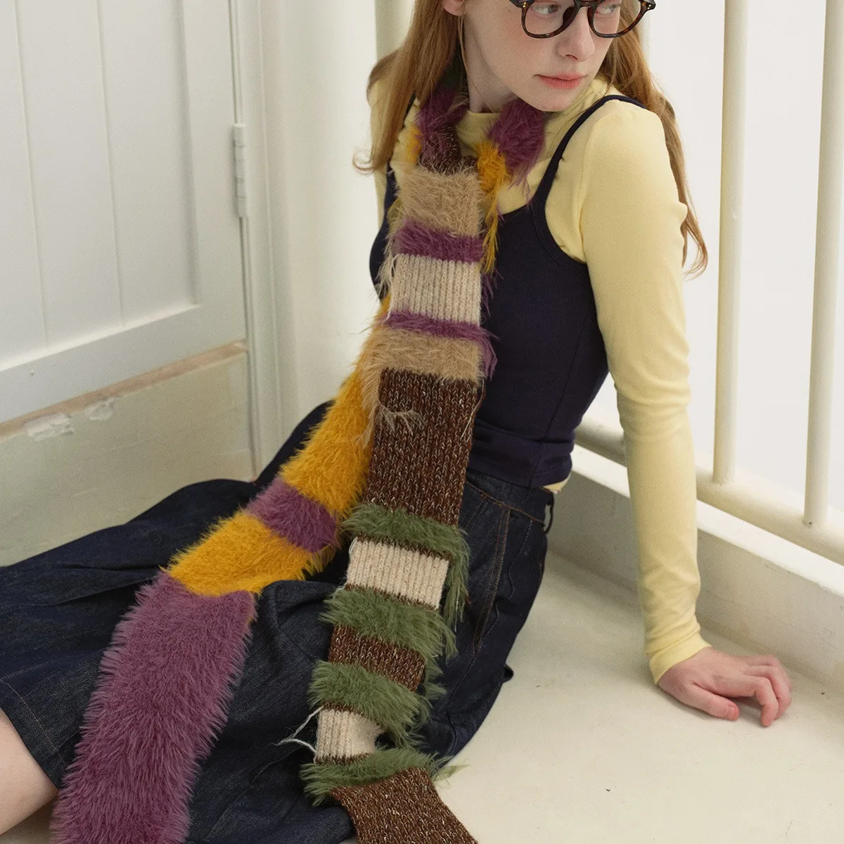 Multi-material Color Blocking Stripe Scarf Decoration Knitted Irregular Tassel Scarves Women Autumn And Winter Soft Scarf