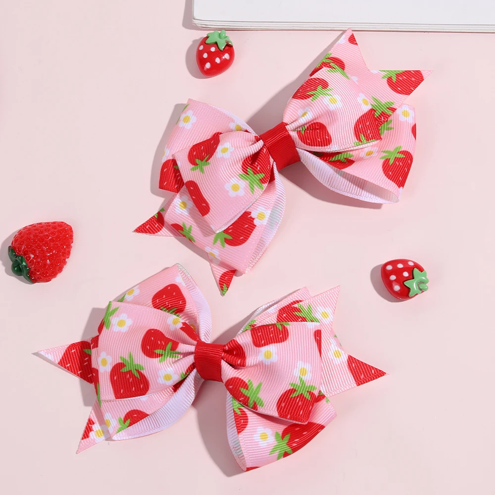 2Pcs Strawberry Bow Hair Clips Cute Red Floral Hairpins Ribbon Barrette For Girls Children Kids Sweet Kawaii Hair Accessories