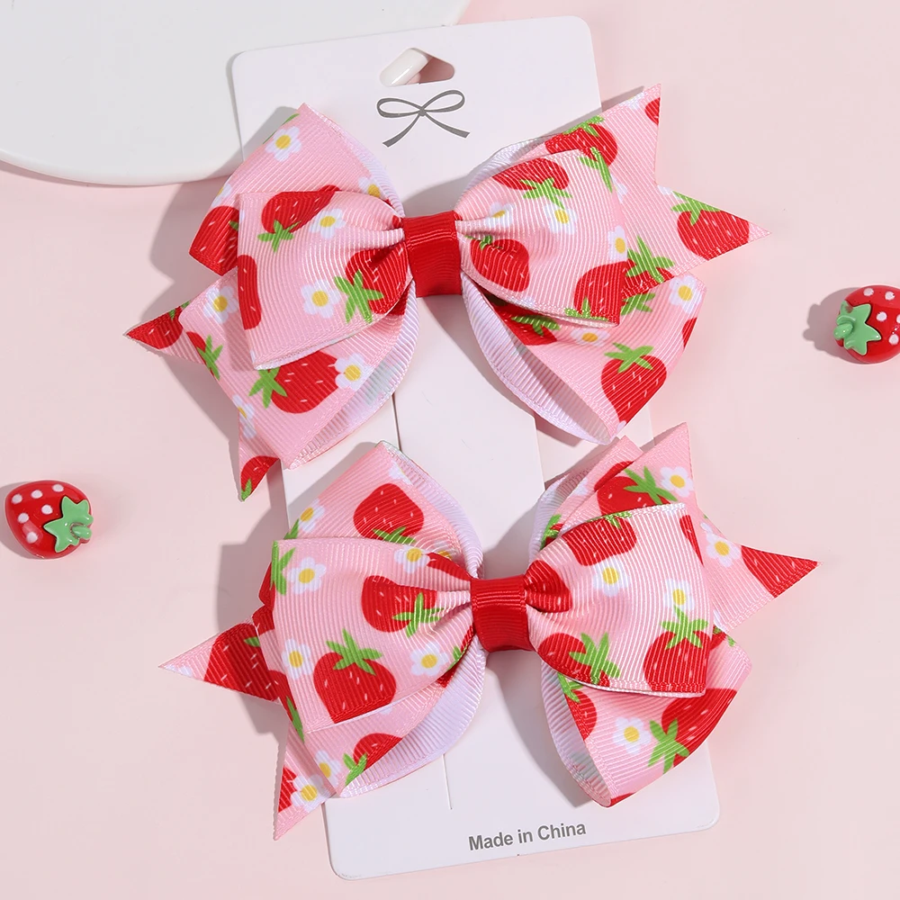2Pcs Strawberry Bow Hair Clips Cute Red Floral Hairpins Ribbon Barrette For Girls Children Kids Sweet Kawaii Hair Accessories