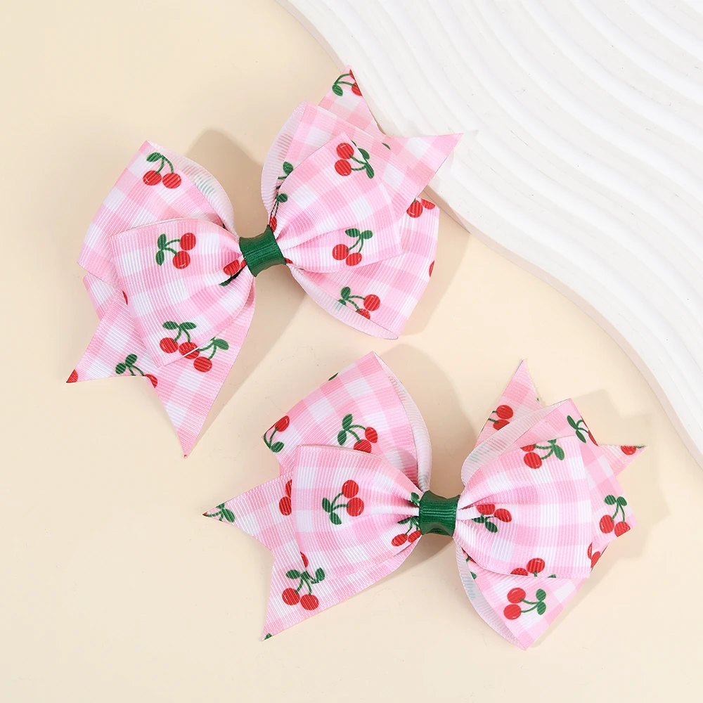 2Pcs Strawberry Bow Hair Clips Cute Red Floral Hairpins Ribbon Barrette For Girls Children Kids Sweet Kawaii Hair Accessories