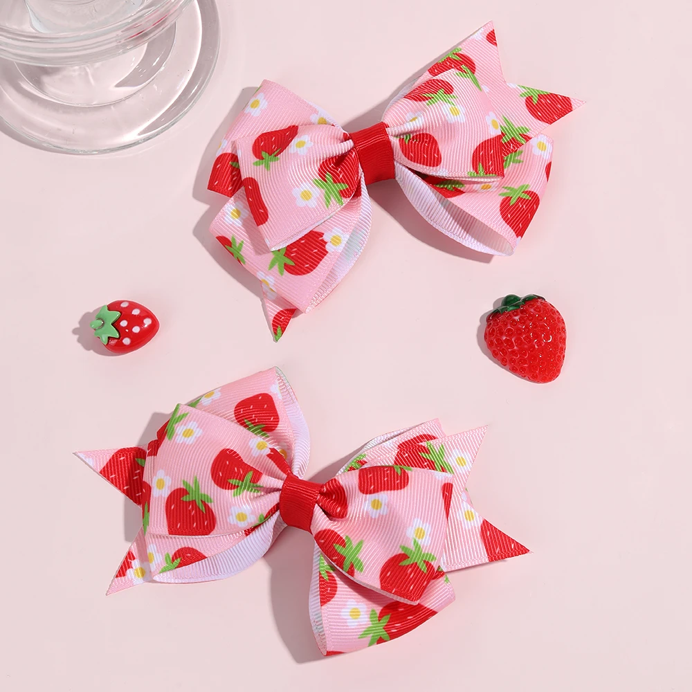 2Pcs Strawberry Bow Hair Clips Cute Red Floral Hairpins Ribbon Barrette For Girls Children Kids Sweet Kawaii Hair Accessories