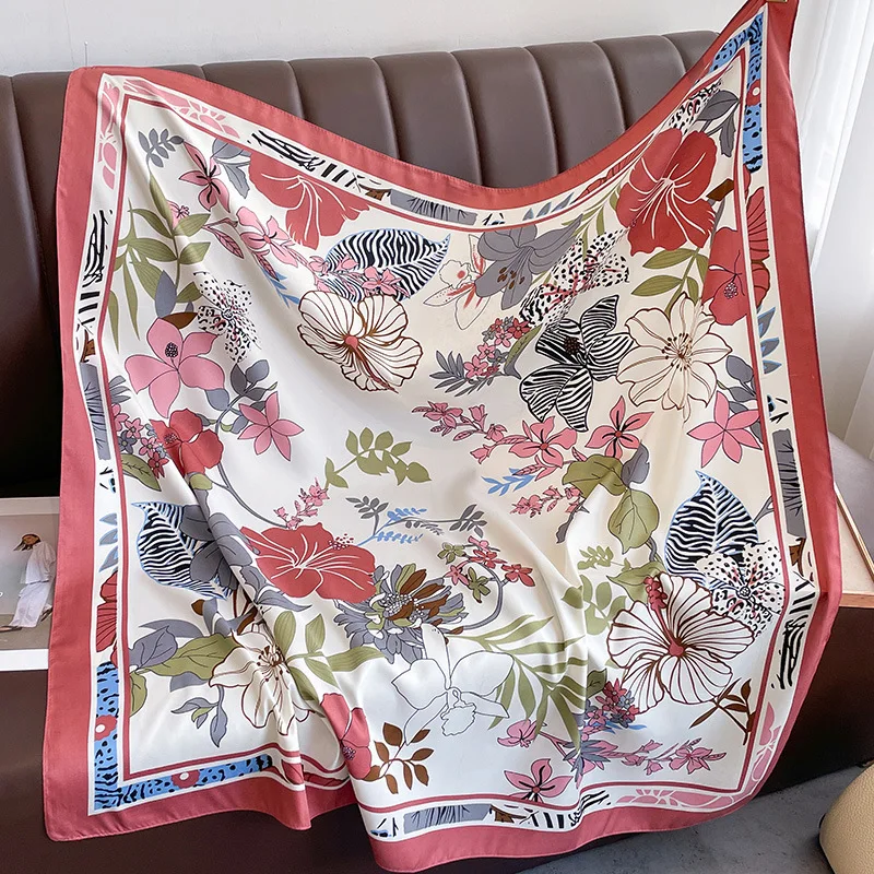 New Fashion Print Twill Silk Scarf Women Hijab Muslim Headband 90cm Square Bandana Foularf Summer Shawl Beach Stoles Echarpe