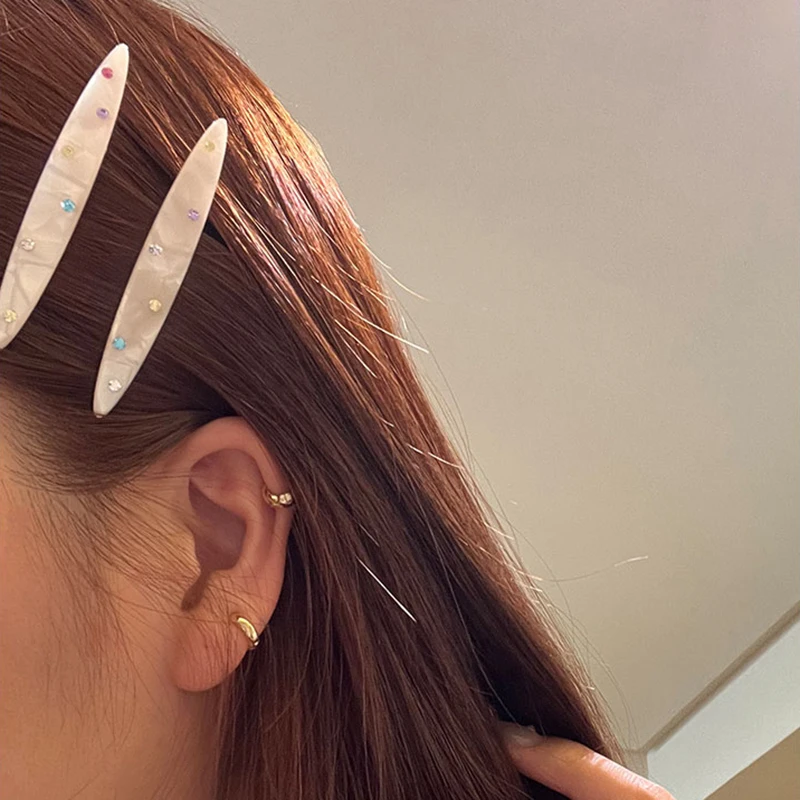 2pcs/set Acetate Hair Clip Colorful Rhinestone Crystal Barrettes Side Pins Leaves Geometric Sweet Elegant Women Hair Accessories