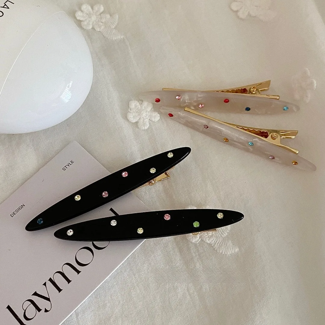 2pcs/set Acetate Hair Clip Colorful Rhinestone Crystal Barrettes Side Pins Leaves Geometric Sweet Elegant Women Hair Accessories