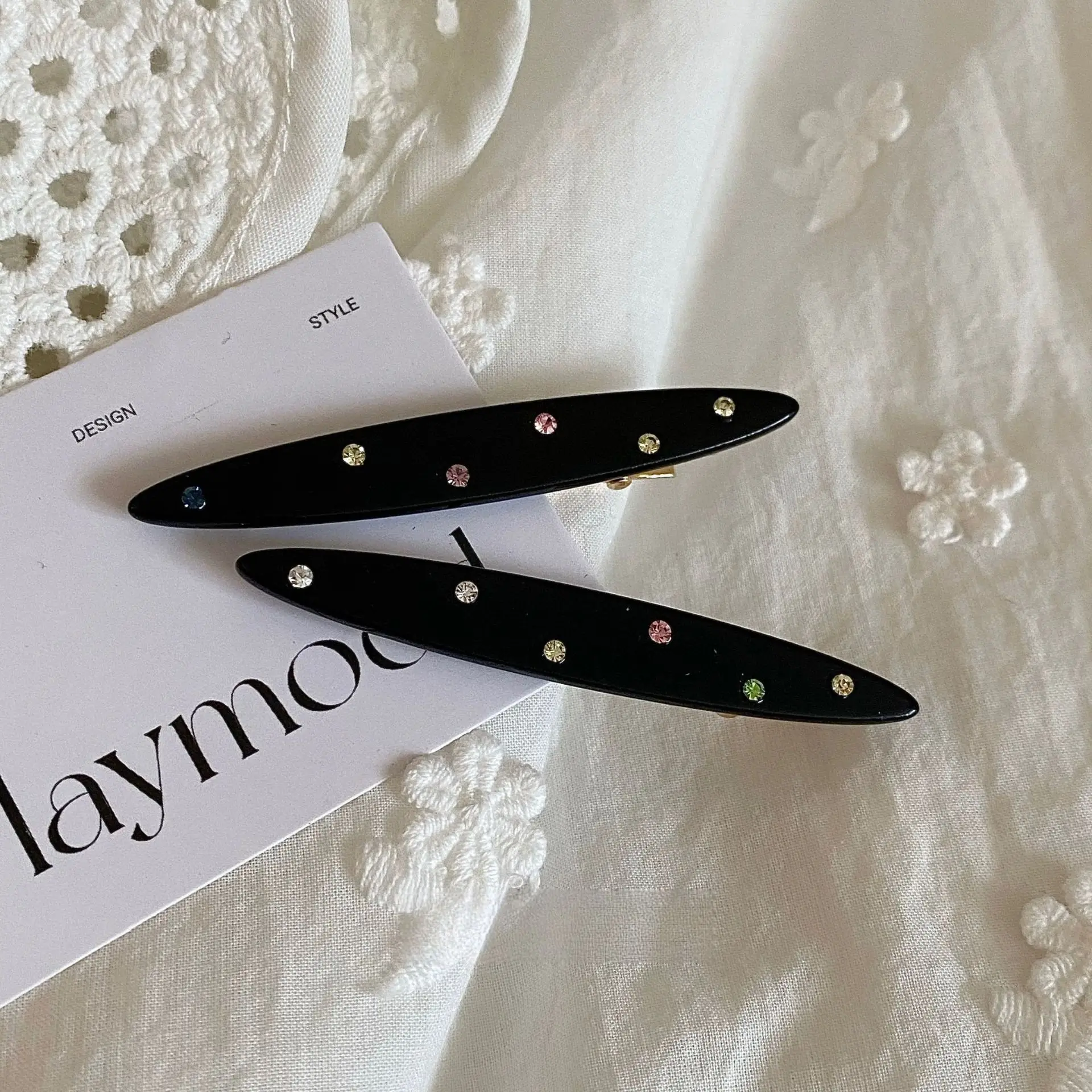 2pcs/set Acetate Hair Clip Colorful Rhinestone Crystal Barrettes Side Pins Leaves Geometric Sweet Elegant Women Hair Accessories