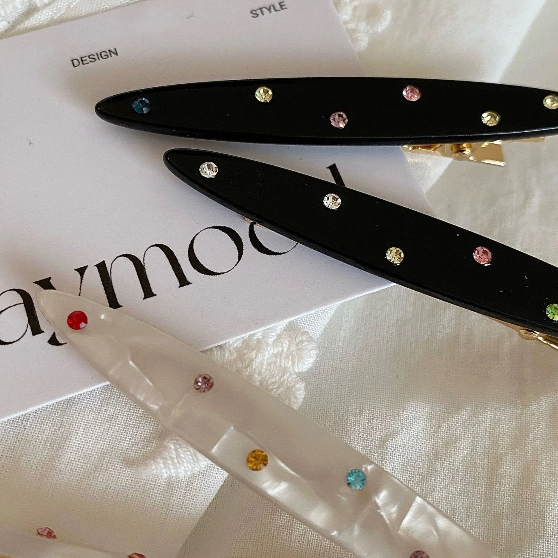 2pcs/set Acetate Hair Clip Colorful Rhinestone Crystal Barrettes Side Pins Leaves Geometric Sweet Elegant Women Hair Accessories