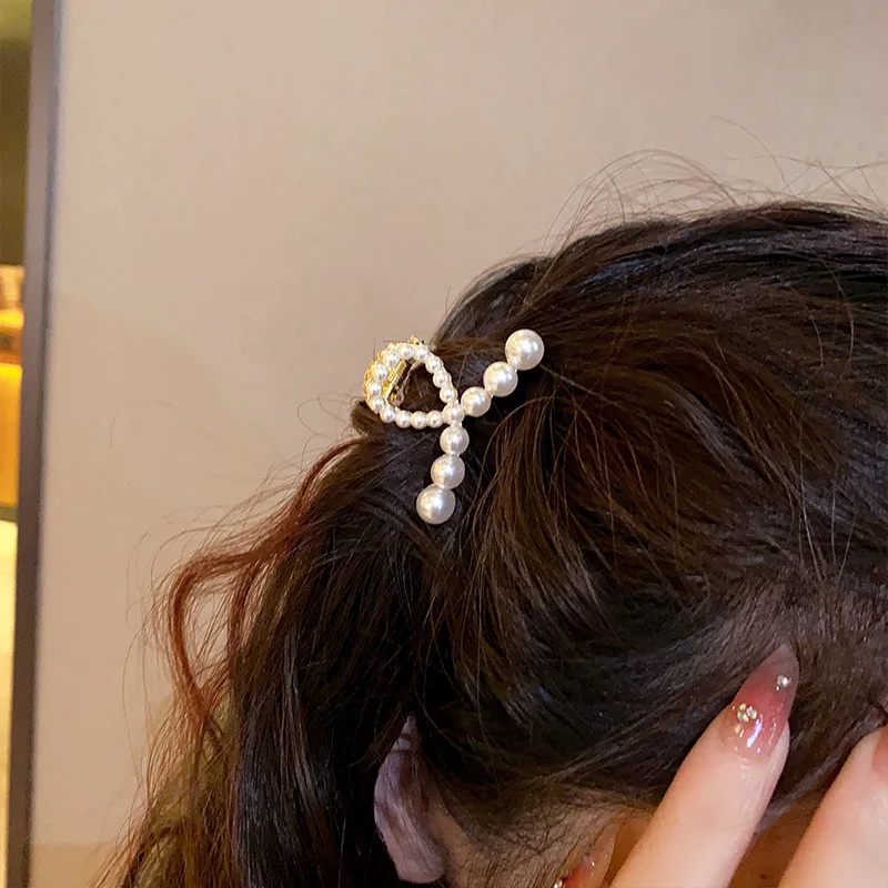 High-end Pearl Rhinestone Small Size Hair Grabber Summer Women Simple Metal Side Clip Back Head Half-tied Cross Hair Clips