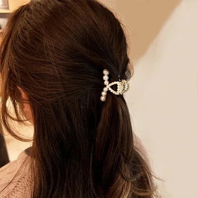 High-end Pearl Rhinestone Small Size Hair Grabber Summer Women Simple Metal Side Clip Back Head Half-tied Cross Hair Clips