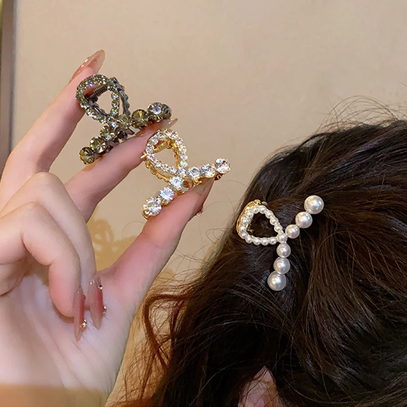 High-end Pearl Rhinestone Small Size Hair Grabber Summer Women Simple Metal Side Clip Back Head Half-tied Cross Hair Clips