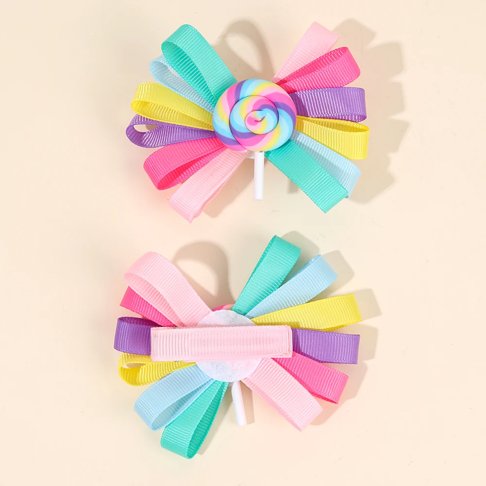 2Pcs Trendy Lollipop Hair Clip Sweet Rainbow Candy Ribbon Hairpin Cute Popular Bow Barrette For Girls Kids Headdress Accessories