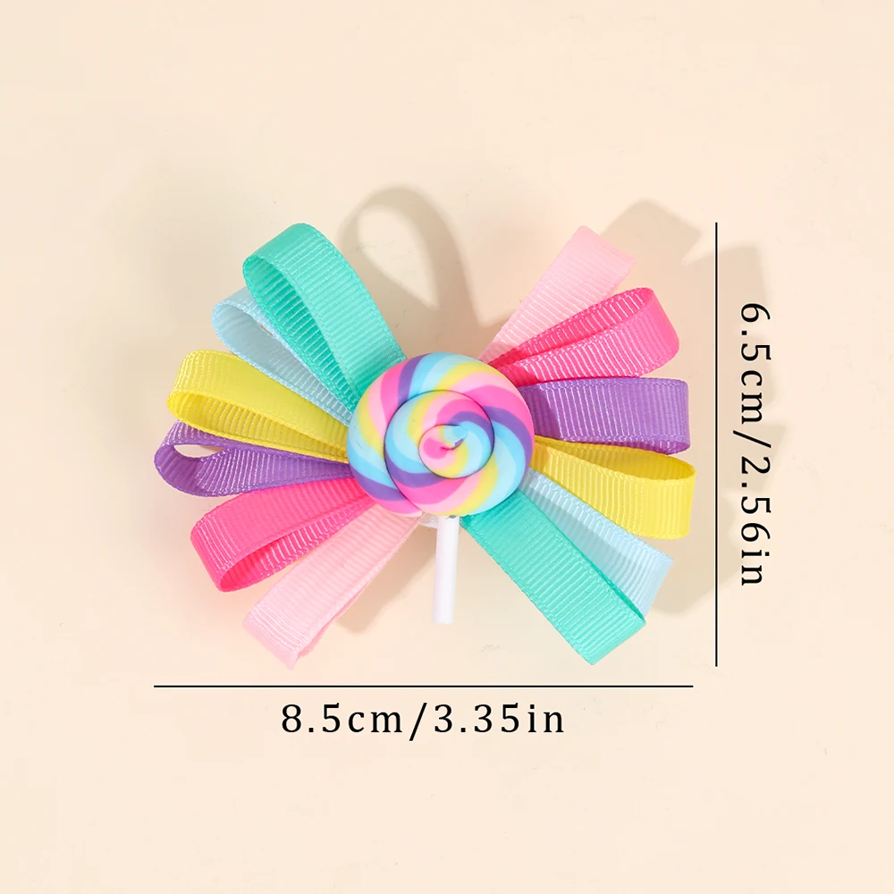 2Pcs Trendy Lollipop Hair Clip Sweet Rainbow Candy Ribbon Hairpin Cute Popular Bow Barrette For Girls Kids Headdress Accessories
