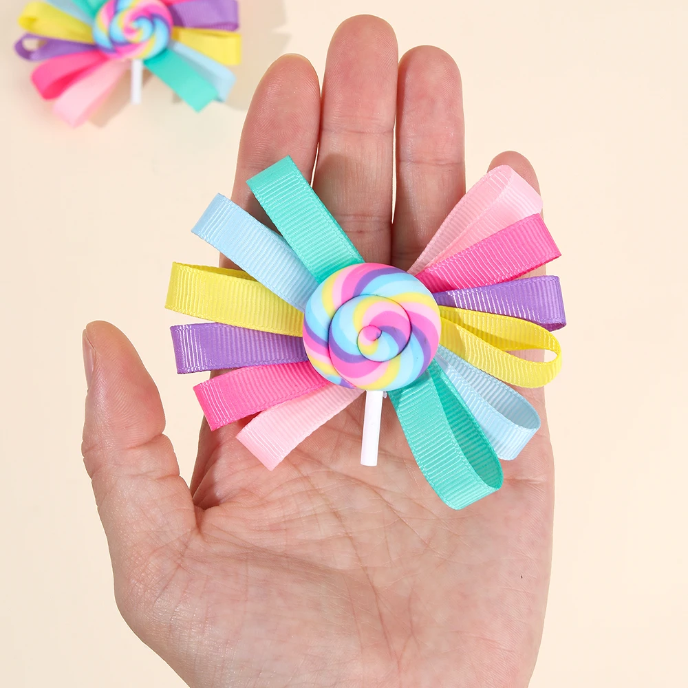 2Pcs Trendy Lollipop Hair Clip Sweet Rainbow Candy Ribbon Hairpin Cute Popular Bow Barrette For Girls Kids Headdress Accessories