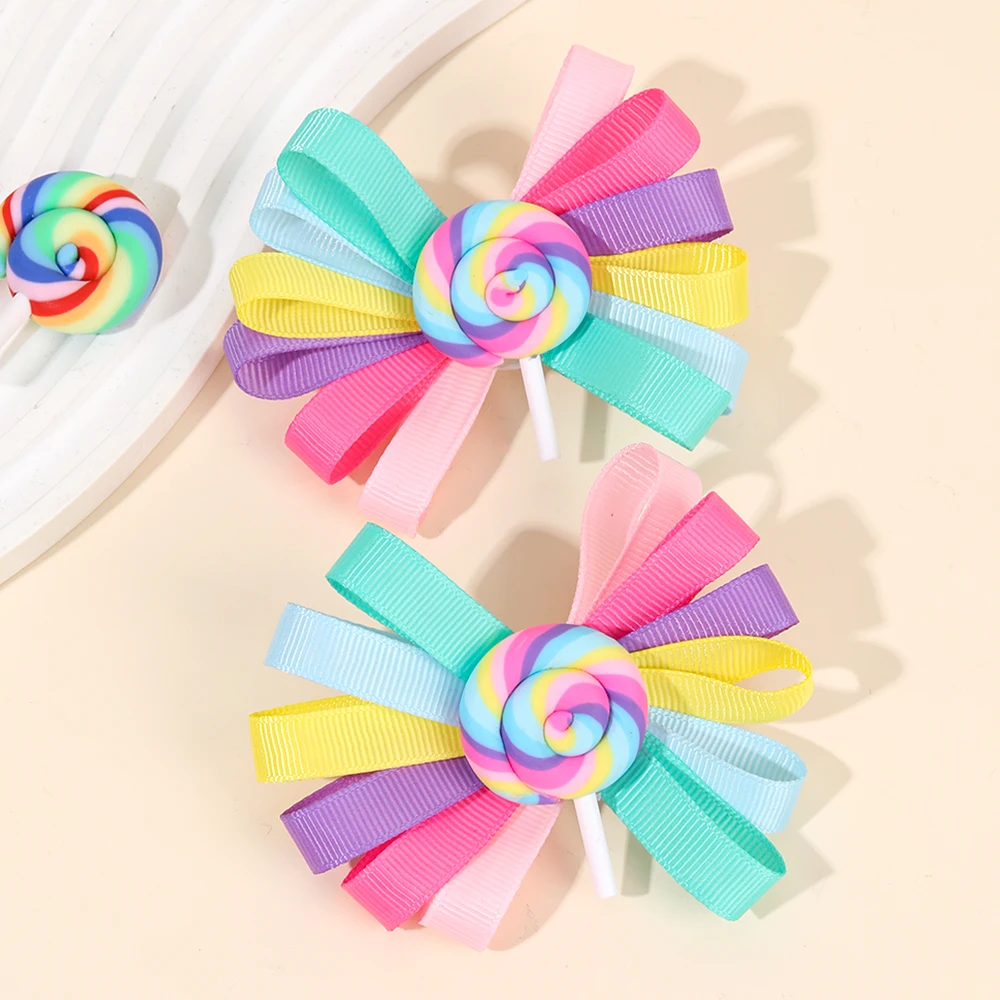 2Pcs Trendy Lollipop Hair Clip Sweet Rainbow Candy Ribbon Hairpin Cute Popular Bow Barrette For Girls Kids Headdress Accessories