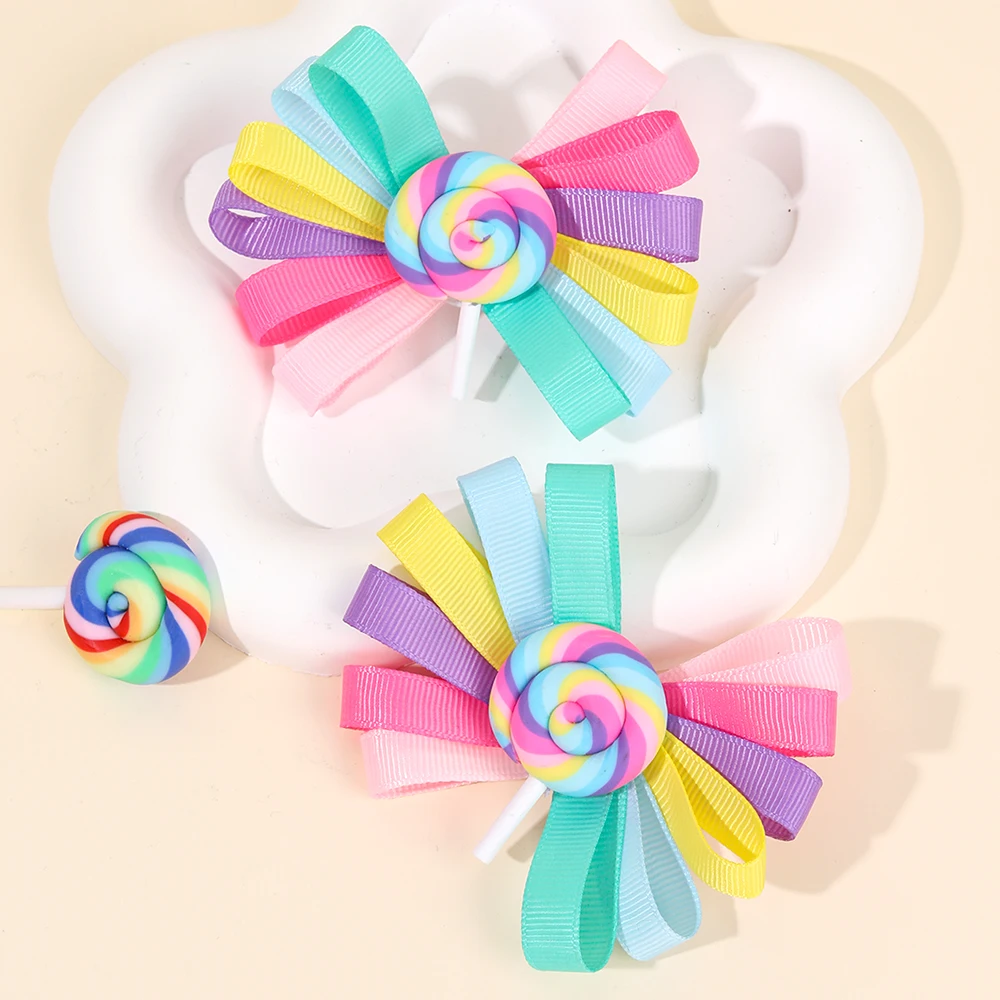 2Pcs Trendy Lollipop Hair Clip Sweet Rainbow Candy Ribbon Hairpin Cute Popular Bow Barrette For Girls Kids Headdress Accessories
