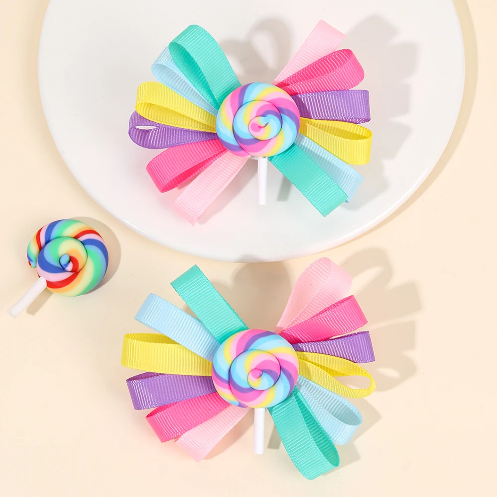 2Pcs Trendy Lollipop Hair Clip Sweet Rainbow Candy Ribbon Hairpin Cute Popular Bow Barrette For Girls Kids Headdress Accessories