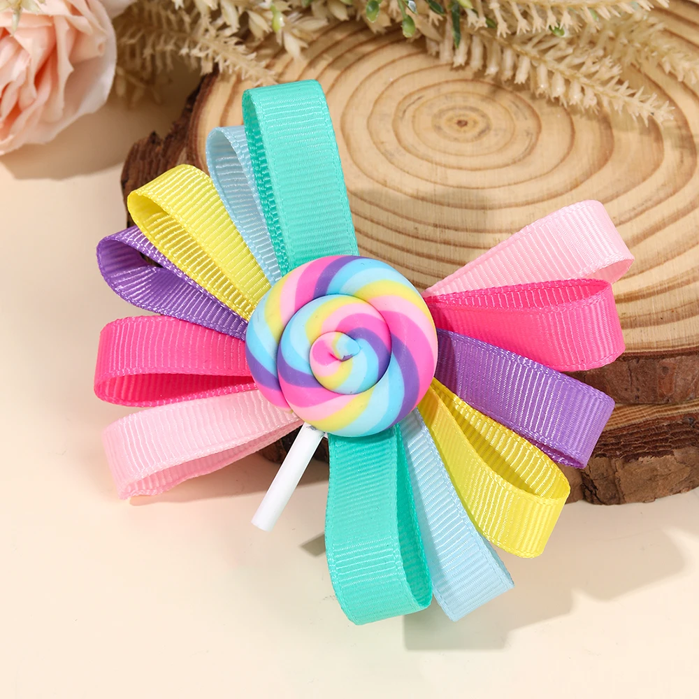2Pcs Trendy Lollipop Hair Clip Sweet Rainbow Candy Ribbon Hairpin Cute Popular Bow Barrette For Girls Kids Headdress Accessories
