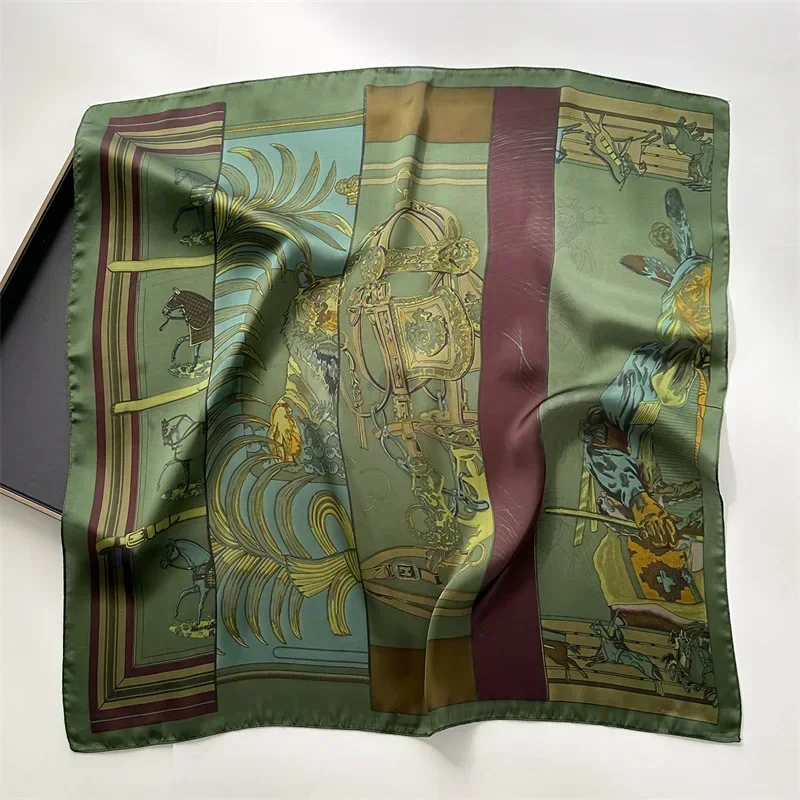 Spring/Summer Retro Horse Print Neckerchief 70*70cm Green Square Scarf Women’s Breathable Imitation Silk Bandannas
