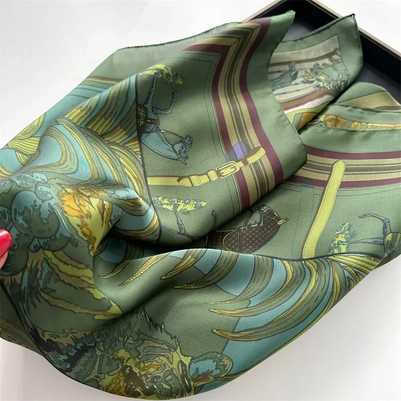 Spring/Summer Retro Horse Print Neckerchief 70*70cm Green Square Scarf Women’s Breathable Imitation Silk Bandannas