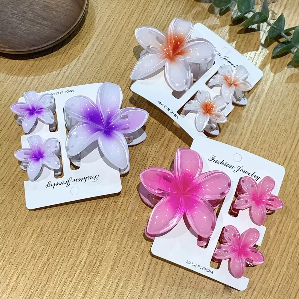 1 Large 2 Small Set Sweet Flower Shape Colorful Gradient Hair Claws Women Ponytail Cilp Clamp Hairpins for Girl Beach Headwear