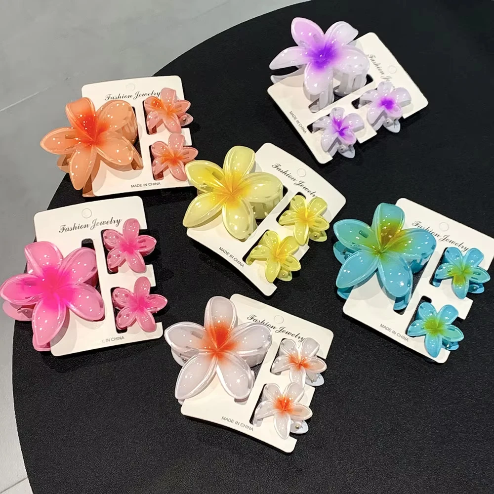 1 Large 2 Small Set Sweet Flower Shape Colorful Gradient Hair Claws Women Ponytail Cilp Clamp Hairpins for Girl Beach Headwear